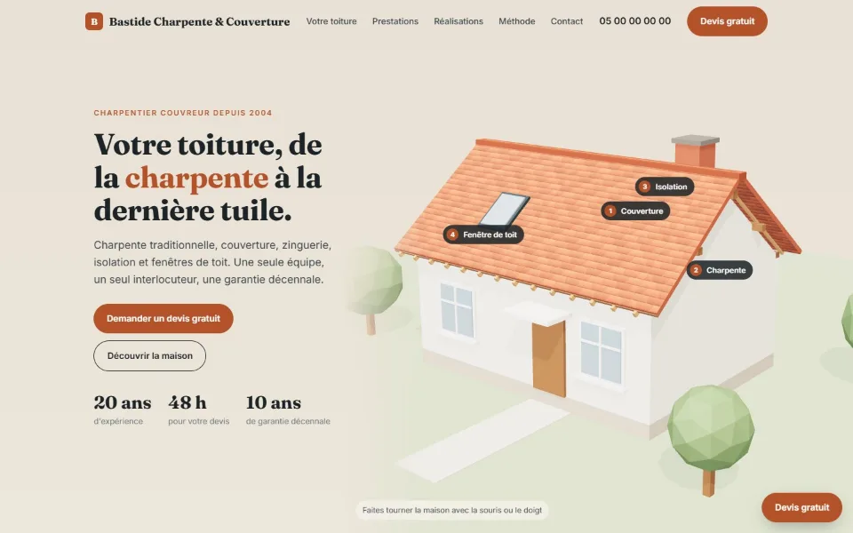Démo : site de charpentier couvreur avec une maison en 3D